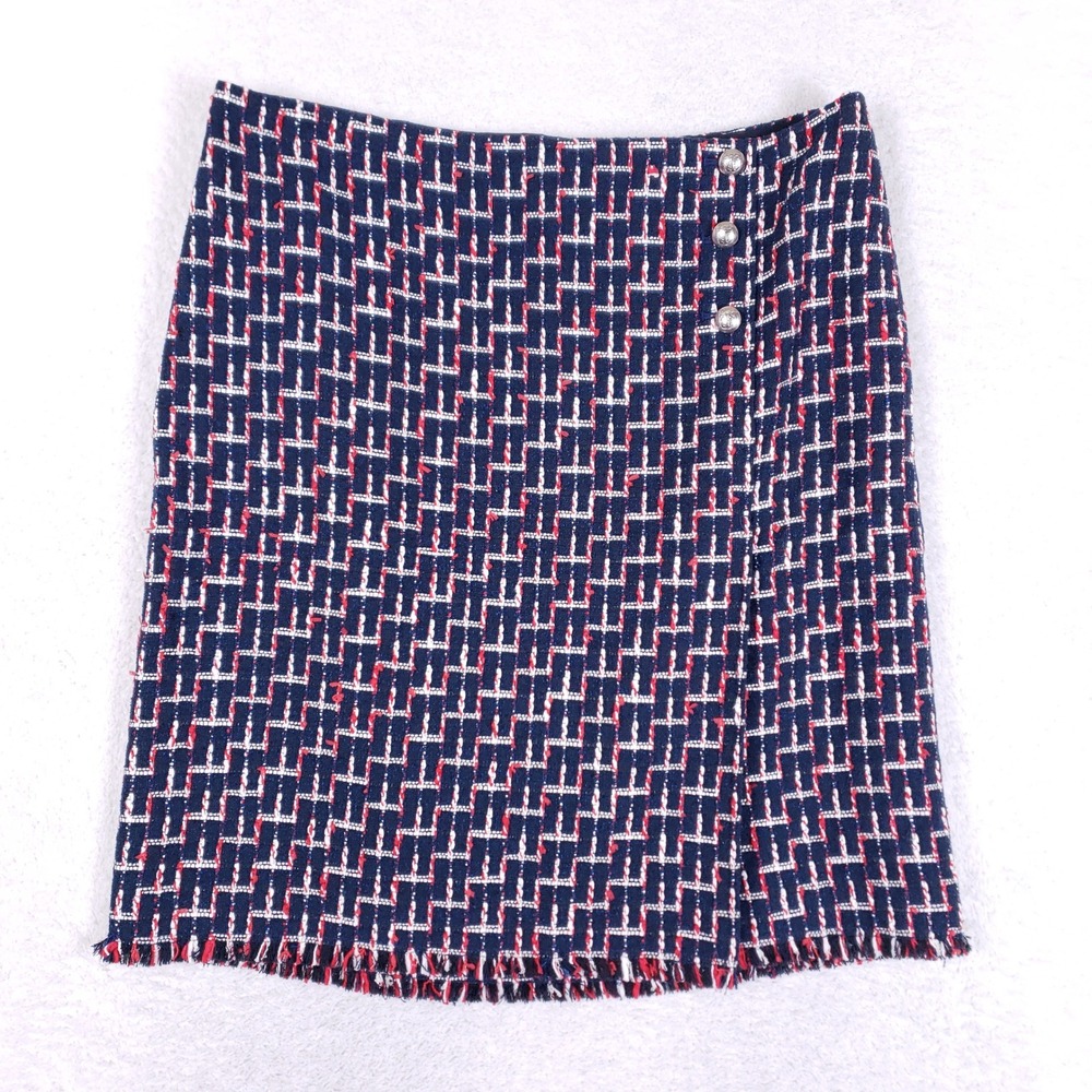 Talbots Tweed Mini Skirt 14P Red White Blue Plaid Fringe Boucle Academic Preppy